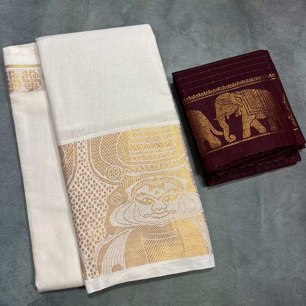 Kerala-inspired Sungudi Cotton Saree-deity face and geometric motifs-Maroon blouse